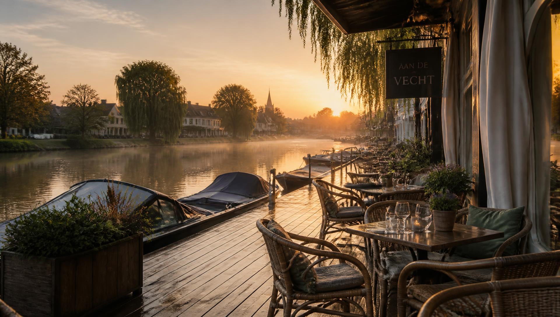 Café aan de Vecht bij zonsondergang (sfeerbeeld — vervangbaar)